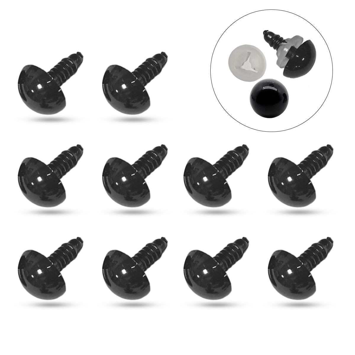 Оченята з Фіксатором для Іграшок та Ляльок Пластикові, Чорні, 15мм, 10шт, (УТ100031658)