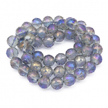 Намистини Скло з Гальванікою, Грановані, Райдужні, Круглі, Колір: Ліловий, Розмір: Діаметр 14мм, Отвір 2мм, близько 46шт/68см/нитка, (13WB14710)