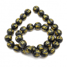 Koraliki Naturalny Obsydian, Om Mani Padme Hum, Czarny, 13-14mm, około 26szt/38cm/nic (13WB22963)