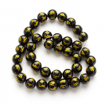 Koraliki Naturalny Obsydian, Okrągłe, Grawerowany (Om Mani Padme Hum), Czarny, 9-10mm, około 36szt/36cm/nić (13WB22967)