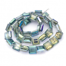 Намистини Гальваніка Скло АВ-Колір, Грановані, Квадрат, Колір: Жовто-зелений, Розмір: 13x13x7.5мм, Отв-тя: 2 мм, близько 40шт / 52см / нитка, (14WB6980)