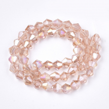 Намистини Гальваніка Скло АВ-Квітло, Грановані, Біконус, Колір: Рожевий, 6х5.5-6мм, Отвір 1мм, близько 45шт/26см/нитка, (13WB29688)