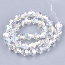 Намистини Гальваніка Скло АВ-Квітло, Грановані, Біконус, Колір: Безбарвний, 7.5-8х7.5-8мм, Отвір 1.5мм, близько 35шт/28.5см/нитка, (13WB29689)