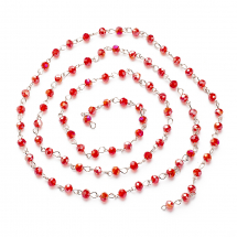Łańcuszek Handmade Żelazo, Koraliki Szklo Rondel, do Tworzenia Biżuterii, Platyna/Czerwony, 6x4.5mm, 1m/nic (13WB29167)
