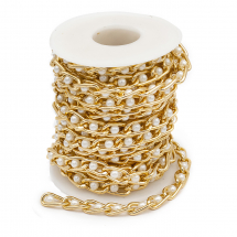 Łańcuszek Aluminiowy z Plastikowymi Perłowymi Koralikami, Ogniwo 12x6x2mm, Koralik: 4mm, 5m/szpula, (13WB29208)