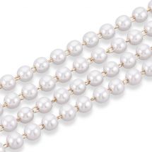 Łańcuszek z Koralikami, Handmade, Mosiądz, Perły Plastik ABS, Lutowany, Pozłacany 18K, 5x4.3mm, Biały, 1m (13WB29233)