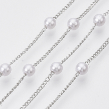 Łańcuszek z Koralikami, Handmade, Mosiądz, Perły Plastiku ABS, Platyna, Biały, 2x1.2x0.4mm, 2m (13WB29277)