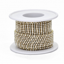 Taśma Łańcuszek Ozdobny, z Cyrkoniami/Koralikami Perłami, Plastik ABS, SS6.5, Złoty/Kryształ, 2mm, 9m/szpula (13WB29301)