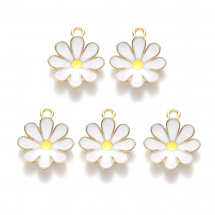 Wisiorki Zawieszki Kwiaty, Stop i Emalia, Biały/Jasno Złoty, 19x16x3.5mm, 5szt (13WB29053)