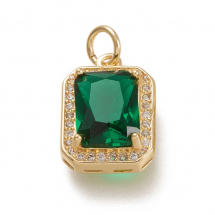 Wisiorki Szklane Prostokątne, Elementy Mosiężne, Pozłacane 18K Złoto z Dżetami, Zielony, 14.5x10.5x5mm, 1szt (13WB29744)