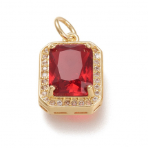 Wisiorki Szklane Prostokątne, Elementy Mosiężne, Pozłacane 18K z Dżetami, Czerwony, 14.5x10.5x5mm, 1szt (13WB29746)