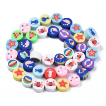 Намистини з Полімерної Глини, Ручна Робота, Круглі Плоскі, Колір: Мікс, 9.5х5мм, Отвір 1.6мм, близько 38шт/35см/нитка, (13WB30725)