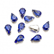 Пришивні Стрази Скло, Гірський Кришталь, Основа Латунь Кольору Платина, Крапля, Колір: Королівський синій, 8х5.5х4мм, Отвір 0.8-1мм, (13WB29883)
