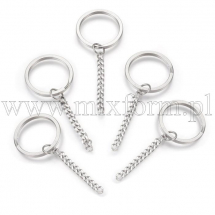 Kółko-Zamek z Łańcuchem, do Breloków i Kluczy, Stal Nierdzewna, Długość 75mm, Kółko 30x2.5mm, 5szt (13WB29887)