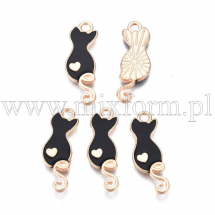 Zawieszka Stop i Emalia, Kot z Sercem, Czarny/Jasne Złoto, 24.5x8.5x2mm, Otwór: 1.8mm, 5szt (13WB30385)