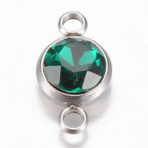 Конектор Нержавіюча Сталь і грановане Скло , Плоский Круглий, 2 отвори, Колір: Смарагдовий, Розмір 17.5х10х6.5мм, Отвір 2.5мм, (13WB30800)