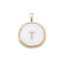 Zawieszki Płaski Okrągły z Krzyżom, Mosiądz i Emalia, Odporna Powłoka, Pozłacany 18K, 18x13.5x2mm, 1szt (13WB30922)