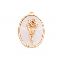 Zawieszki Mosiądz i Masa Perłowa, Róża, Owalne, Pozłacany 18K, Czerwcowy Róż, 27x18x4mm, 1szt (13WB30960)