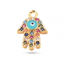 Zawieszki Ręka Hamsa, Mosiądz, Emalia i Cyrkonia, Złoty, Cyrkonia: Mix, 14x10x2mm, Otwór 1mm, 1szt (13WB31161)