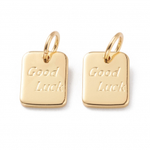 Wisiorek Mosiądz, Prostokątny, "Good Luck", Twarda Powłoka Pozłacany 18K Złoto, 9x7x1mm, Kółko 5x1mm, 2szt (13WB31175)
