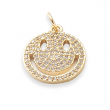 Wisiorek Mosiądz, Uśmiech z Cyrkoniami, Płaski Okrągły, Pozłacany 18K, 17x14.5x1.5mm, Kółko: 5x1mm, 1szt (13WB31177)