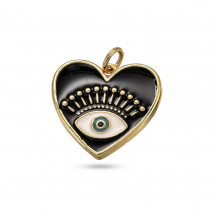 Wisiorek Serce z Okiem, Mosiądz, Emalia i Cyrkonia, Pozłacany 18K, Czarny, 18x19x2.4mm, Otwór 3.2mm, 1szt (13WB31178)