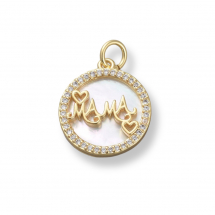 Підвіска Латунь з Перламутром і Фіанітами, Плоскі Круглі, зі словом "Мама", Колір: Золото. 18х15.5х3мм, Отвір 3.5мм, (13WB31303)