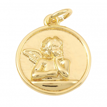 Zawieszka Anioł, Mosiądz, Płaski Okrągły, 18K Pozłacany, Rozmiar: 16.5x14x3mm, Otwór 3mm, 1szt (13WB31321)