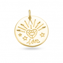 Wisiorek, Mosiądz, Płaski Okrągły z napisem "Love", 15K Pozłacany, Rozmiar: 15x1.5mm, Otwór 3mm, 1szt (13WB31322)