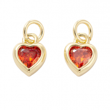 Підвіска Серце, Латунь і Фіаніт, Стійке Покриття Золото 18К, Колір Фіаніту: Кораловий, 9.5х7х3мм, З'єднувальне кільце 5х0.7мм, Внутрішній діаметр 3.6мм, (13WB31338)