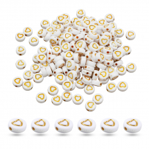 Намистини Акрил Непрозорі з Серцем, Плоскі Круглі, Колір: Білий, Серце: Золото, 7х4мм, Отвір1.5мм, 170шт/25г, (13WB31304)