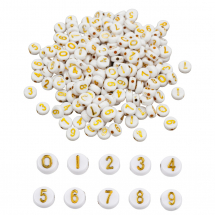 Koraliki Akrylowe Cyfry, Płaskie Okrągłe, Kolor: Biały / Złoty, 7x4mm, Otwór 1.2mm, okolo 160szt / 25g (13WB31305)