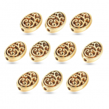 Korale Styl Tybetański, Owalne, Ażurowe, Antyczne Złoto, 12x9x3mm, Otwór 1.6mm, 10szt (13WB31474)