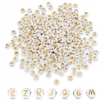 Koraliki Akrylowe Alfabet, do Bransoletek, Płaskie Okrągłe, Białe, Złote Litery, 7x4mm, 350szt/50g (13WB31475)