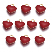 Zawieszka Serce, Mosiądz, Emaliowana, Trwała Powłoka, Pozłacany 18K, Czerwony, 10x9x2mm, 10szt (13WB31404)