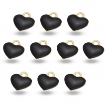Zawieszka Serce, Mosiądz, Emaliowana, Trwała Powłoka, Pozłacany 18K, Czarny, 10x9x2mm, 10szt (13WB31405)