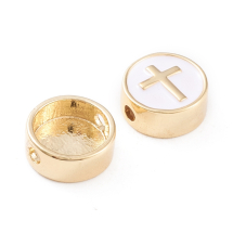 Koraliki Mosiężne i Emaliowane z Krzyżem, Powłoka Odporna, Pozłacane 18K, 11x4.5mm. 2szt (13WB32833)