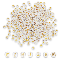 Koraliki Akrylowe Alfabet do Bransoletek, Płaskie Okrągłe, Białe, Złote Litery, 7x4mm, 500g~3500szt (13WB33380)