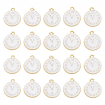 Zawieszki Wisiorki, do Rękodzieła i Biżuterii, Płaski Okrągły, Zegar, Stop i Emalia, Biały, 17mm, 20szt (13WB31923)