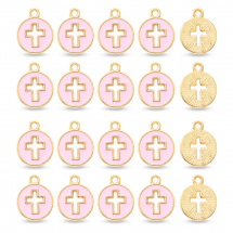 Підвіски Кулони Круглі Хрест Сплав та Перлово-Рожева Емаль, Світле Золото, 15х12х1.5мм, Отвір 1.6мм, (13WB31927)