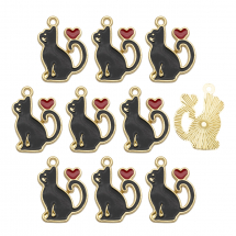 Zawieszki Wisiorki Kot z Sercem, Stop i Emalia, Czarny, 21x15mm, 10szt (13WB32011)