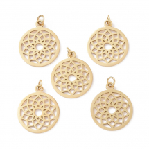 Zawieszka, Wisiorek Stal Nierdzewna, do Rękodzieła i Biżuterii, Okrągły Kwiat, Czarka, Złoto, 22.5mm, 5szt (13WB32016)