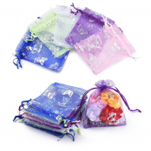 Подарунковий Мішечок з Органзи з Кулісою, Малюнок Метелики, Прозорий, Мікс, 9x12см, 100штук/упак, (13WB32297)