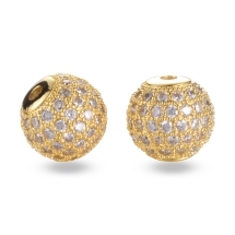 Koraliki Mosiężne z Cyrkoniami, Kulki, Złote, 10mm, otwór 2mm, 2szt, (13WB32481)