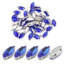 Пришивні Стрази, Скло Гірський Кришталь, Основа Латунь, Кінський очей, Королівський Синій, 15х7х5мм, Отвір 0.8-1мм, (13WB32511)