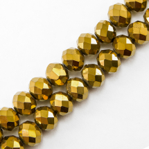 Намистини Гальваніка Скло, з золотистим Покриттям, Грановані, Рондель, Колір: Золотистий, Розмір: 8х6мм, Отв-тя 1мм, близько 72шт / 42см / нитка, (3WB5868)