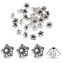 Шапочки для Бусин Метал, Квітка, Тибетський Стиль, Колір: Античне Срібло, Розмір: 8.5х5мм, Отвір 1мм, (2WB29203)