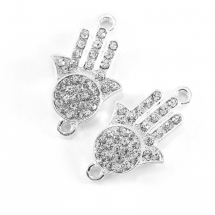 Конектор Рука Хамси зі Стразами, Біжутерний сплав, 2 отвори, Колір: Срібло, Розмір: 31x18x3мм, Отвір 2мм, (14WB8208)