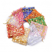 Woreczki Podarunkowe z Organzy z Sercem do Biżuterii, na Przyjęcia, Mix, 12x10cm, 10 szt (13WB11551)