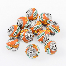 Намистини Індонезійські ручної роботи, Вставки Гірський Кришталь, Полімерна Глина з металом, Круглі, Колір: Помаранчевий, Діаметр 15мм, Отвір 2 мм, (13WB12801)